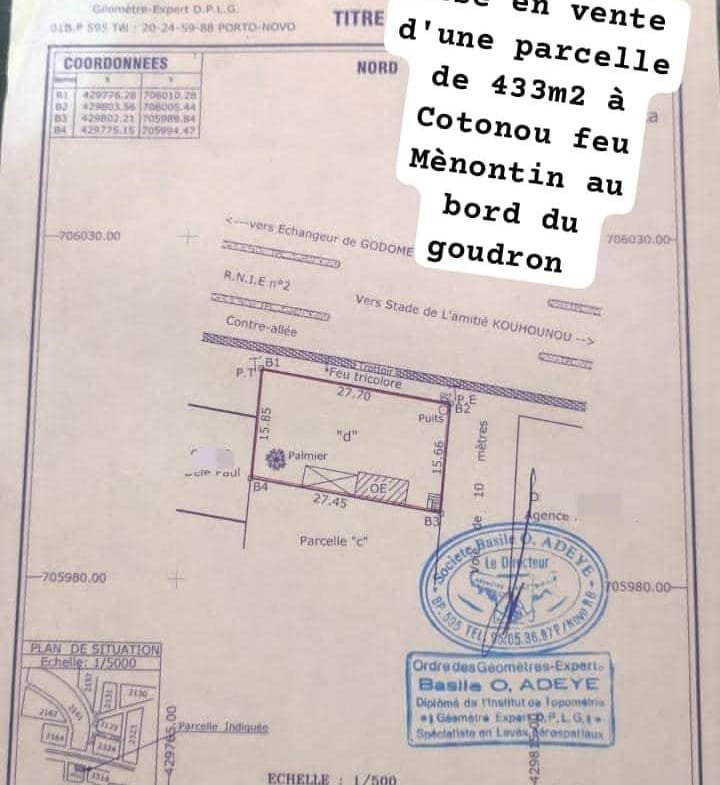 Parcelle de 433 m² à vendre à Cotonou Menontin