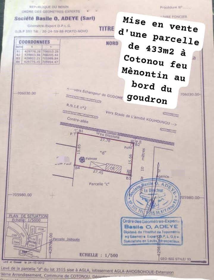 Parcelle de 433 m² à vendre à Cotonou Menontin