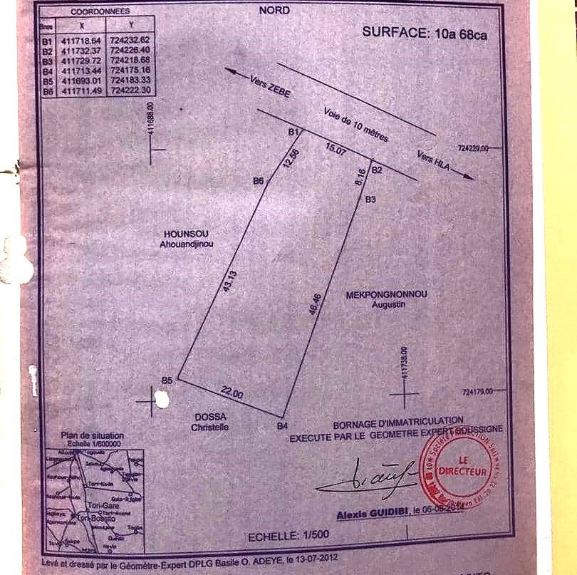 Terrain de 1068 m² avec Titre Foncier à vendre à Tori Avamé
