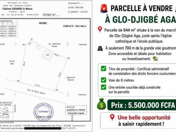 Parcelle de 544 m² à Glo Djigbé Aga 3
