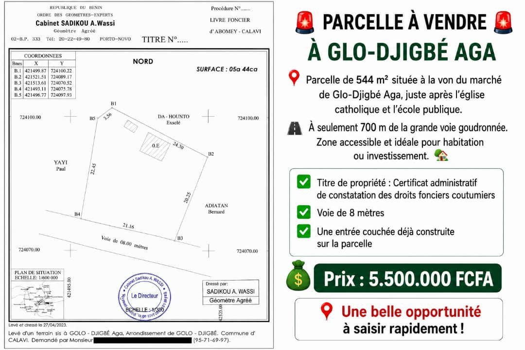 Parcelle de 544 m² à Glo Djigbé Aga 3