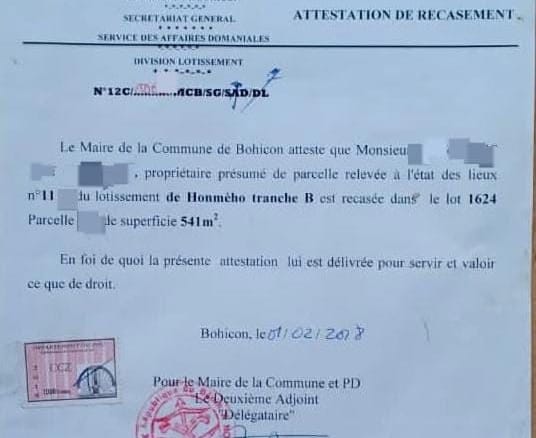 Parcelle recasée de 541 m² à Bohicon Honmèho