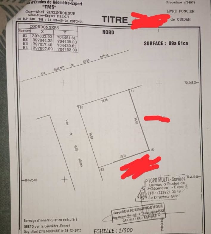 Parcelle avec titre foncier à vendre à Ouidah Carrefour Gbena