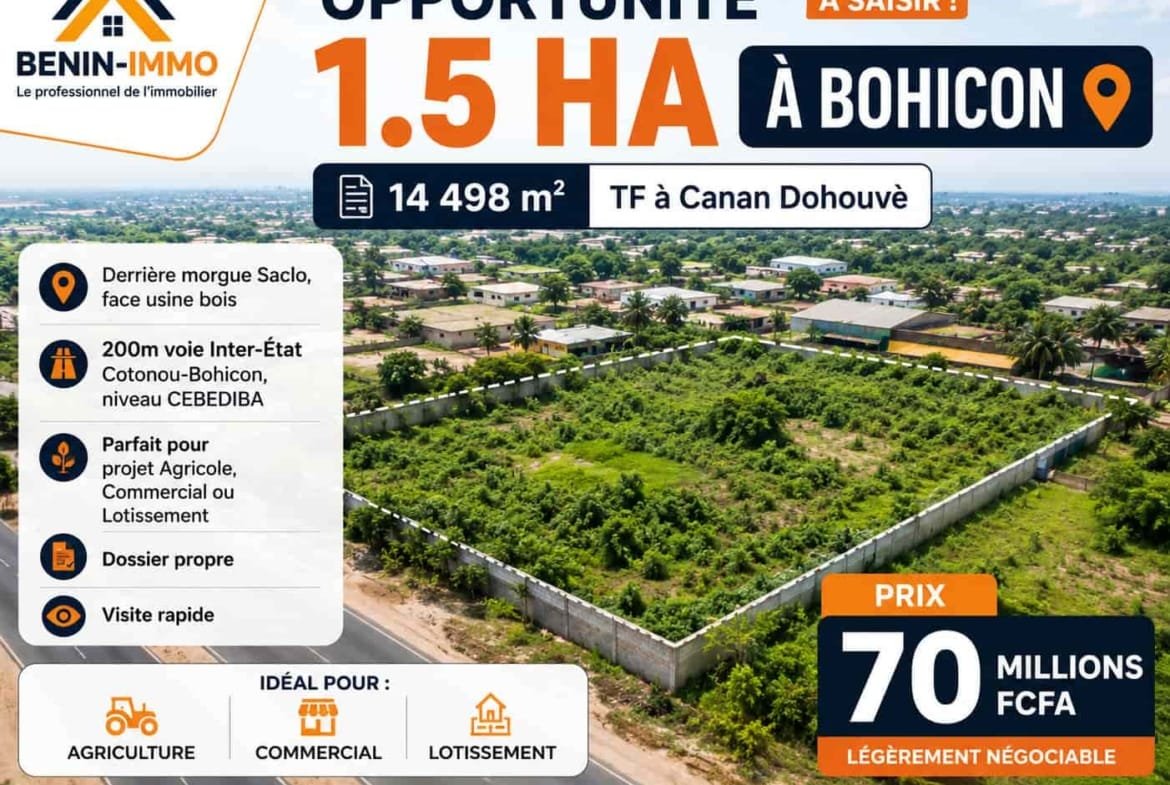 Terrain de 1,45 hectare à Canan Dohouvè Bohicon